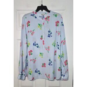 Talbots Petite XLp Floral Stripe Henley Blouse Blue White Long Sleeve Rayon Top